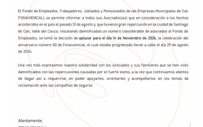 Aplazamiento de la celebración del aniversario número 50 de FONAVIEMCALI